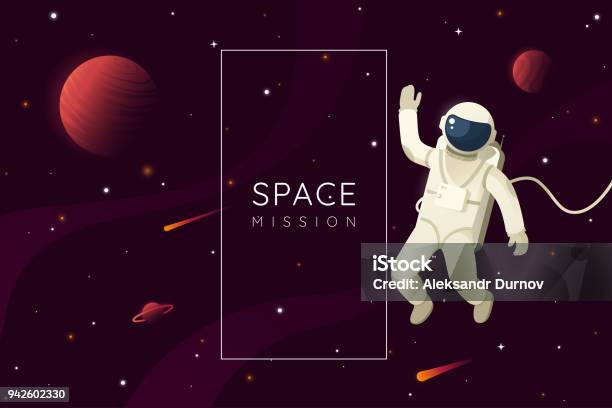 Weltraummissionvektorillustration Astronauten In Den Weltraum Und Wellen Hand Weltraumhintergrund Mit Rahmen Und Platz Für Text Eps10 Stock Vektor Art und mehr Bilder von Astronaut