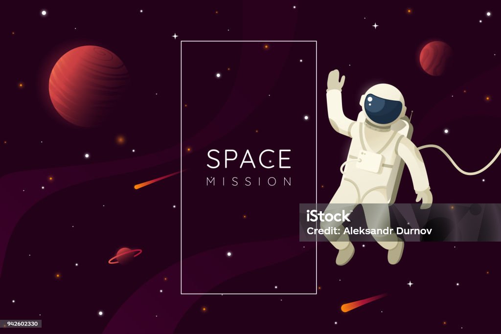 Ilustración de vector de espacio misión. Astronauta en el espacio ultraterrestre y de la mano de las olas. Fondo del espacio con el marco y lugar para el texto. 10 EPS. - arte vectorial de Astronauta libre de derechos