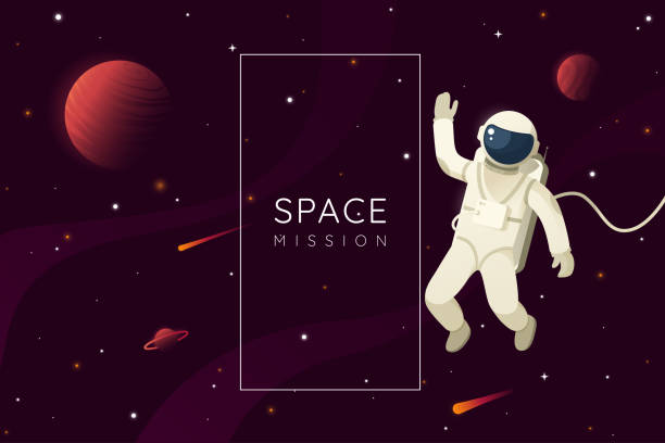 Space mission vector illustration. Astronaut in outer space and waves hand. Space background with frame and place for text. Eps 10. Space mission vector illustration. Astronaut in outer space and waves hand. Space background with frame and place for text. Eps 10. galaxy illustrations stock illustrations