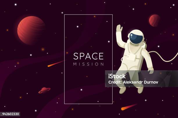 Space Mission Vector Illustration Astronaut In Outer Space And Waves Hand Space Background With Frame And Place For Text Eps 10 Stock Illustration - Download Image Now