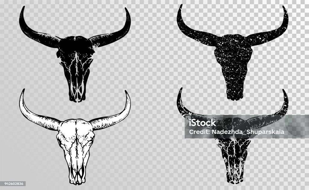 Vector set of black hand drawn skulls buffalo, bull or cow. Vector set of black skulls buffalo, bull or cow on a transparent background. Hand drawn graphic. Black silhouettes. Skull stock vector