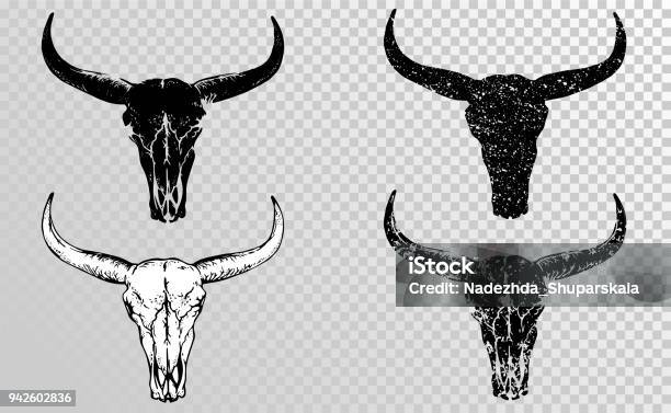 Vector Set Of Black Hand Drawn Skulls Buffalo Bull Or Cow Stock Illustration - Download Image Now