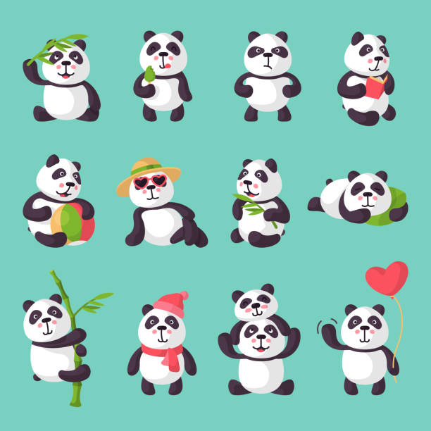 팬더 벡터 bearcat 또는 재생 또는 그림 집합이 거 대 한 팬더 책을 읽고 또는 배경에 고립 된 아이스크림을 먹고 자 고 사랑에 대나무와 함께 중국 곰 - panda giant panda china eating stock illustrations