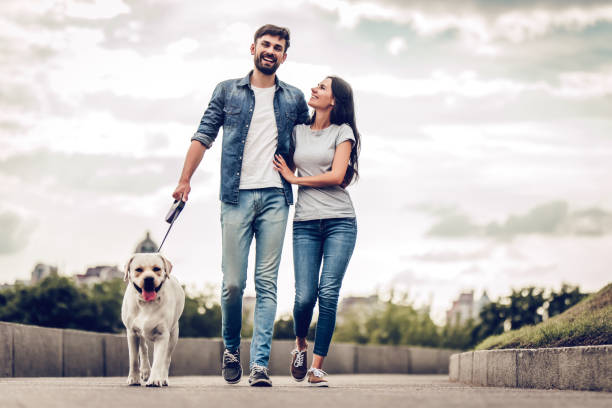 Couple on a walk with dog