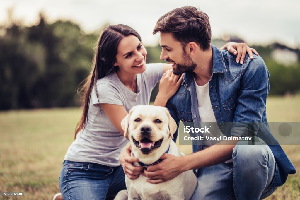 Couple with dog Beautiful romantic couple is having fun with their dog labrador retriever outdoors. Adult Stock Photo