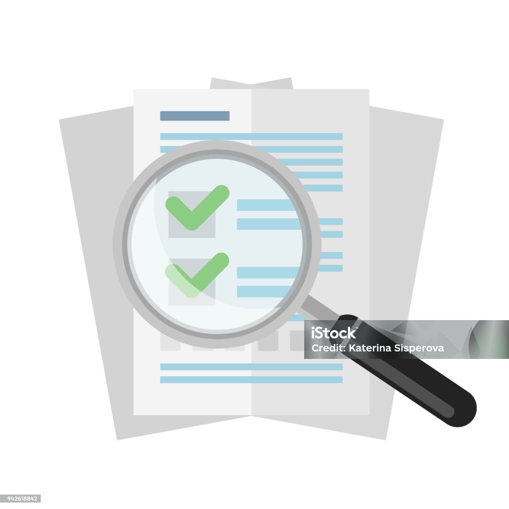 Vector flat magnifier over business documents or agreements isolated on white background Document stock vector