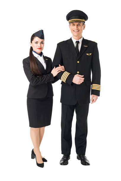 istock Airline crew stewardess and pilot isolated on white 942630948