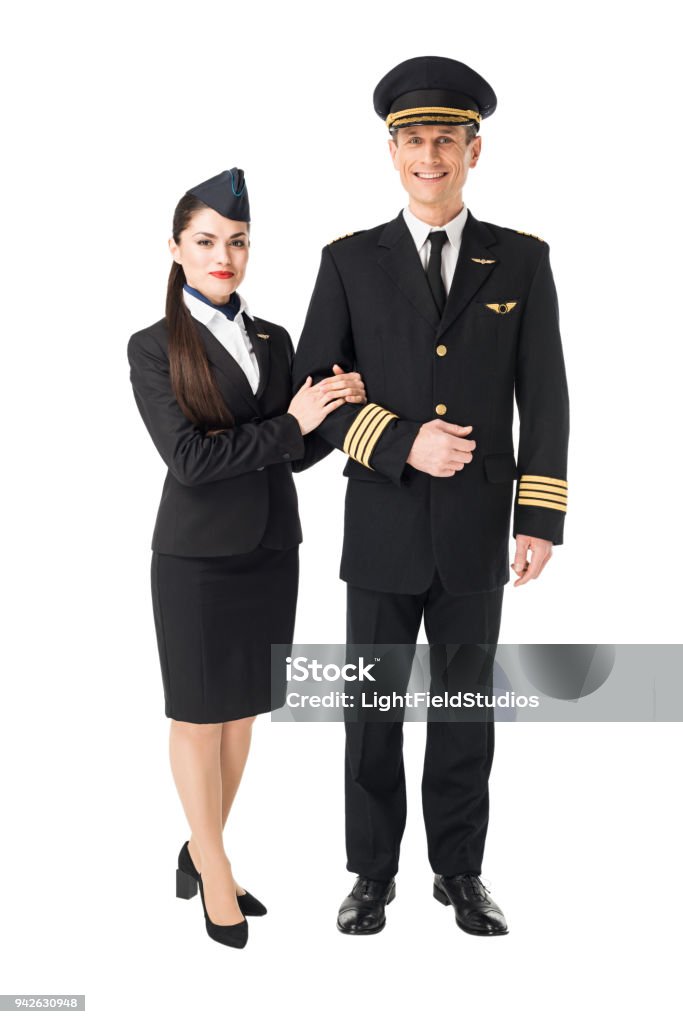 Airline crew stewardess and pilot isolated on white Pilot Stock Photo