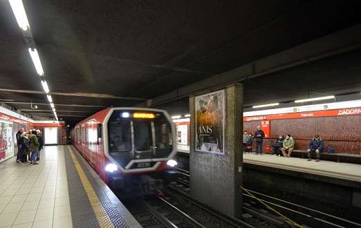 Milan, Italy, Lombardy December 30 2017. The Milan metro, arrival of the convoy and departure.