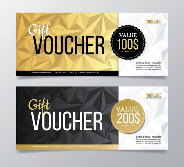 ilustraciones, imágenes clip art, dibujos animados e iconos de stock de plantilla de diseño de vale de regalo. fondo bandera geométrica moderna. - gift card gift certificate gift gold