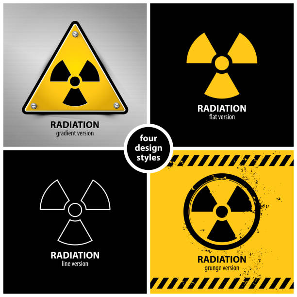 illustrazioni stock, clip art, cartoni animati e icone di tendenza di set di simboli di avviso di radiazione - atom nuclear energy physics science