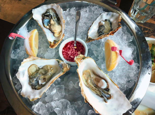 istock A large platter with delikatesnye oysters on ice with lime served with champagne and herbs. Serving 942641994