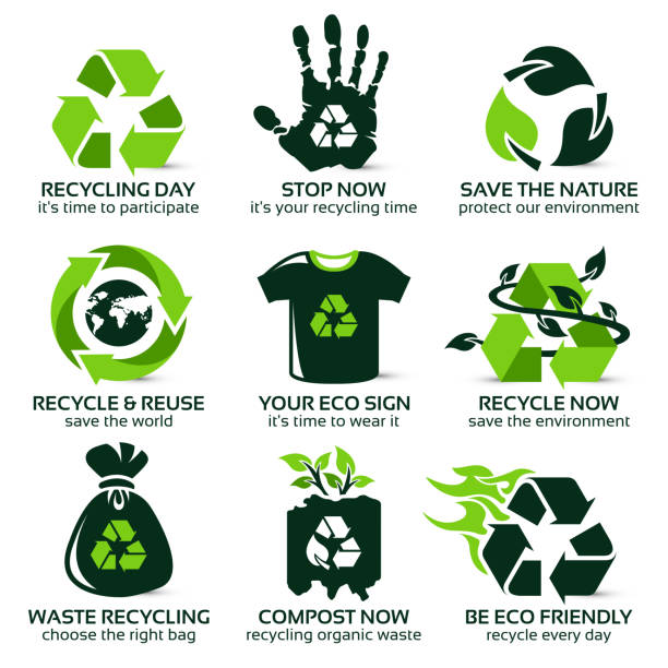 illustrazioni stock, clip art, cartoni animati e icone di tendenza di set di icone piatte per il riciclo ecologico - recycled bag