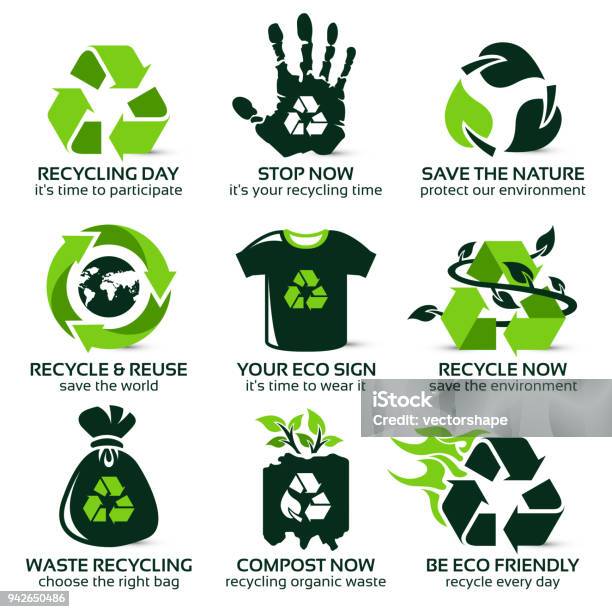 Flat Icon Set For Eco Friendly Recycling Stock Illustration - Download Image Now - Recycling, Recycling Symbol, Garbage