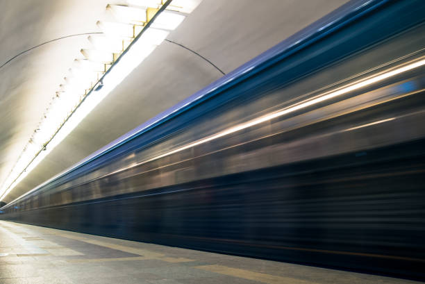 istock Subway train in motion arriving at station 942654444
