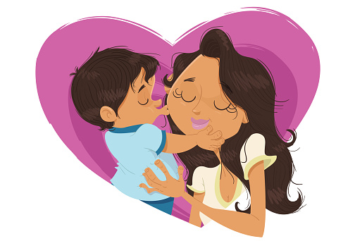 Cartoon-style illustration, with a kiss from a child on his mother, perfect for card and Mother's Day promotion.