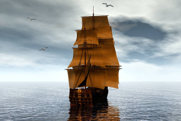 Pirate ship at open sea 3d rendering stock photo