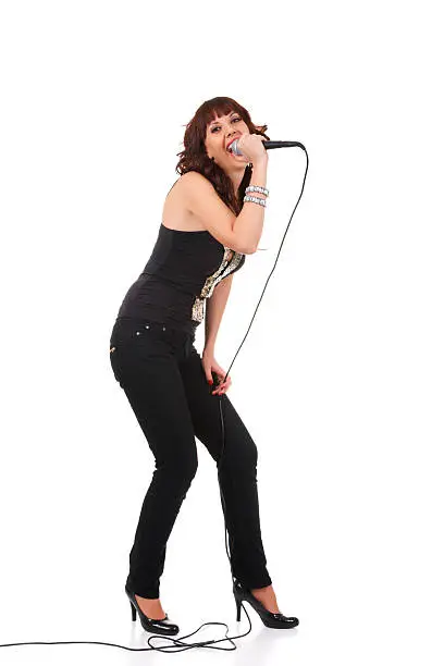 Photo of Female singer holding wired microphone
