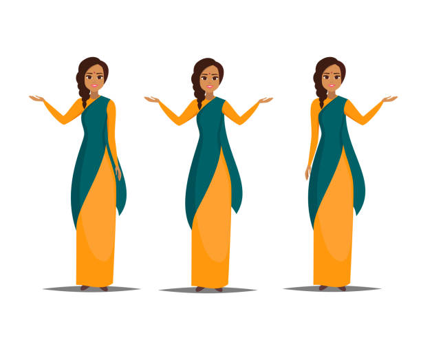 Vector Set of Cartoon business Young indian woman wearing saree pointing left and right. Set of Cartoon business Indian woman character with a present pose. Smiling girl pointing left and right. Young Indian woman wearing saree. Vector illustration isolated from white background burka stock illustrations