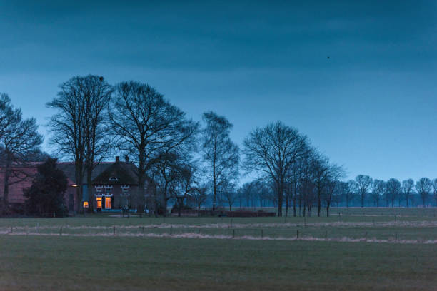 istock Illuminated farm at dusk in meadow with winter trees and cloudy sky. 942676466