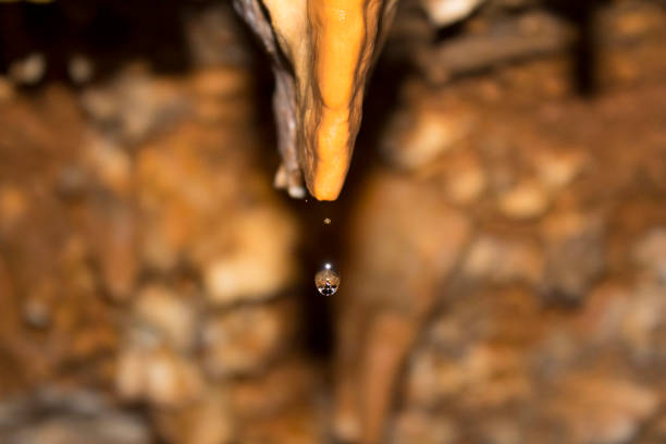 Growing Earth This water droplet is doing its part to help this stalactite to grow. stalactite stock pictures, royalty-free photos & images