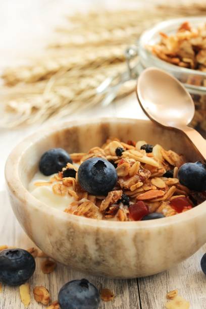 istock Healthy Breakfast bowl with yogurt, granola berries and nuts, selective focus 942679300