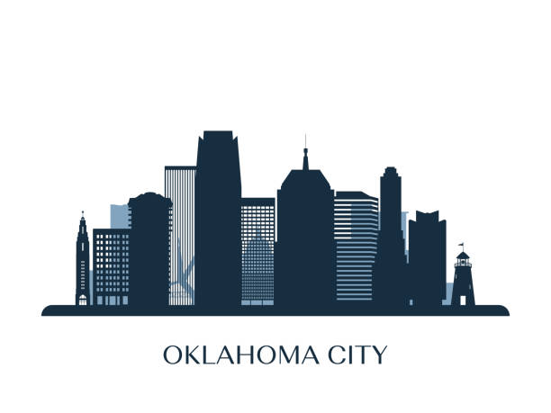 ilustraciones, imágenes clip art, dibujos animados e iconos de stock de horizonte de la ciudad de oklahoma, silueta monocromo. ilustración de vector. - oklahoma