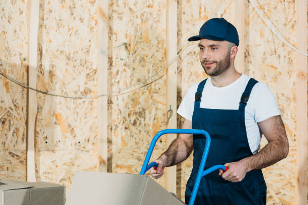 istock Delivery man pushing hand truck with boxes 942689158