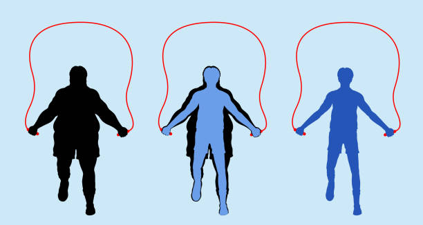 fette und schlanke mann silhouette training mit seilspringen - avatar grafiken stock-grafiken, -clipart, -cartoons und -symbole