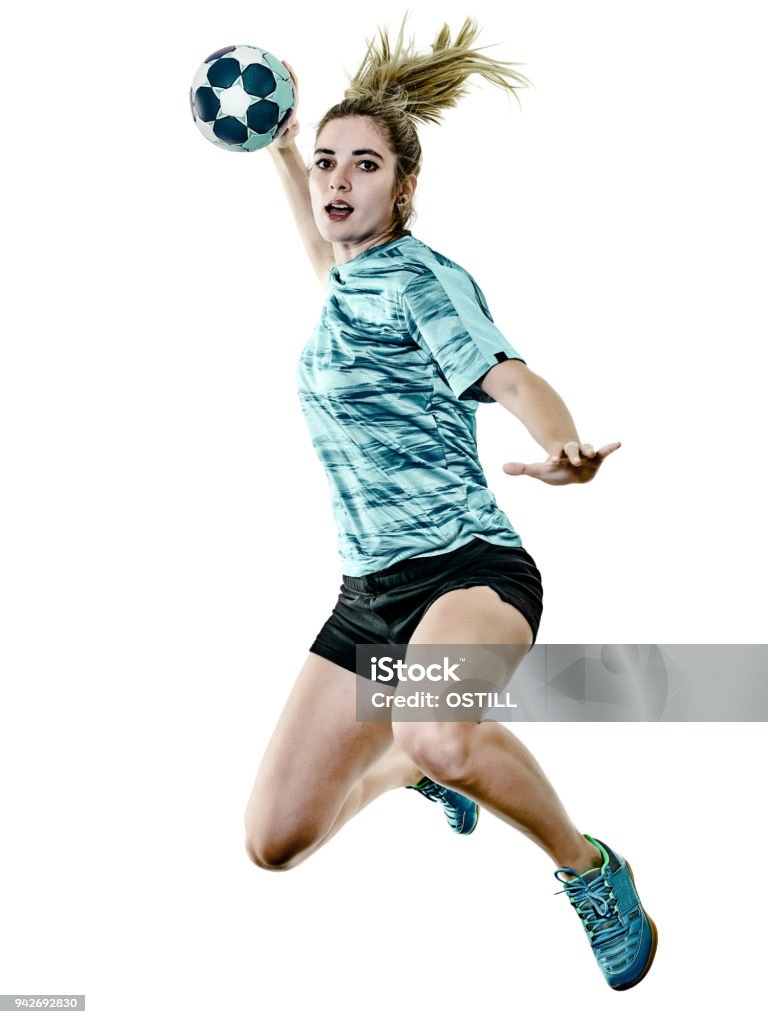 jugador de balonmano de mujer joven adolescente chica aislada - Foto de stock de Frontón - Deporte libre de derechos