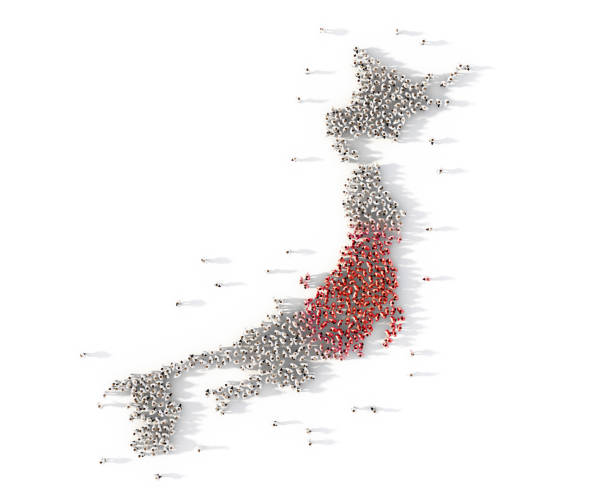 istock Large group of people forming Japan map concept. 3d illustration 942696904