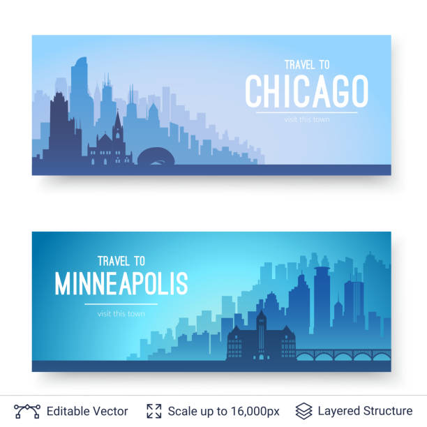 Chicago and Minneapolis famous city scapes. Flat well known silhouettes. Vector illustration easy to edit for flyers or web banners. minneapolis illustrations stock illustrations