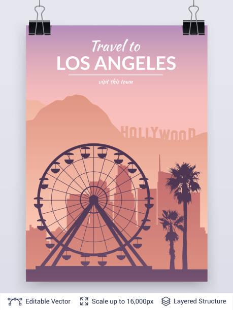 ilustraciones, imágenes clip art, dibujos animados e iconos de stock de escapo de la famosa ciudad de los ángeles. - city of los angeles los angeles county sign skyline