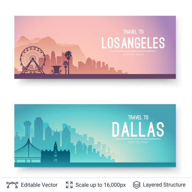 Los Angeles and Dallas famous city scapes. Flat well known silhouettes. Vector illustration easy to edit for flyers or web banners. downtown district illustrations stock illustrations