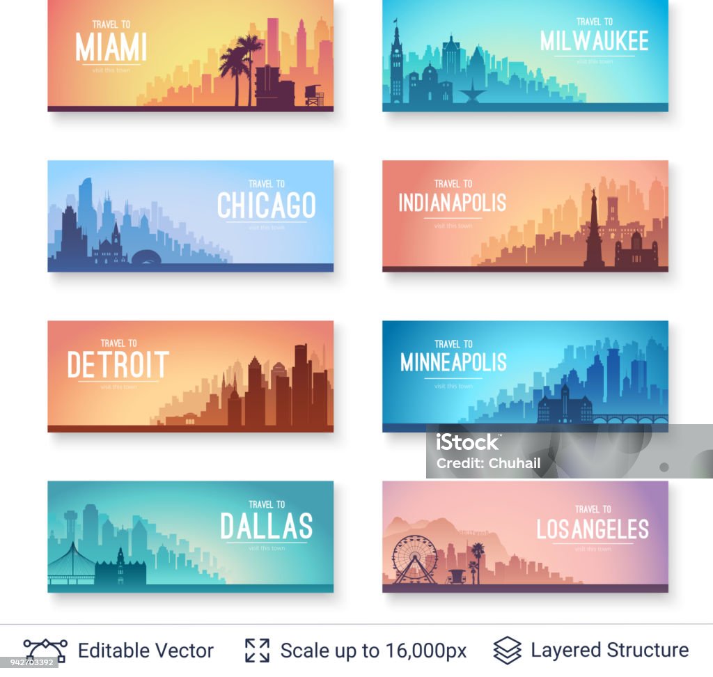 Collection of famous city scapes. Flat well known silhouettes. Vector illustration easy to edit for flyers or web banners. Urban Skyline stock vector