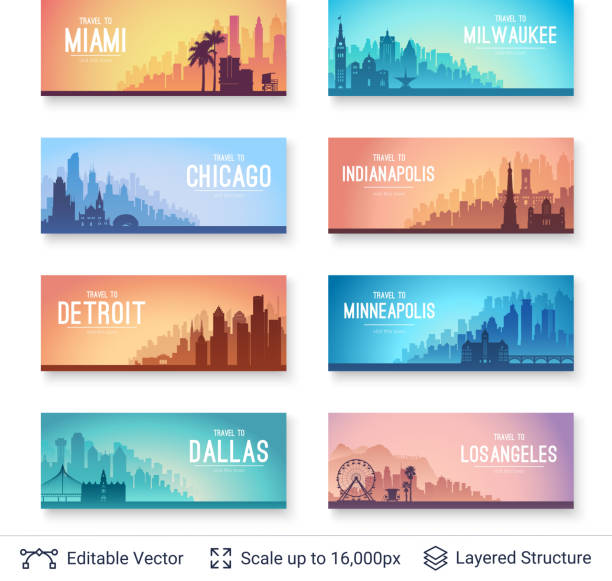 Collection of famous city scapes. Flat well known silhouettes. Vector illustration easy to edit for flyers or web banners. american culture illustrations stock illustrations