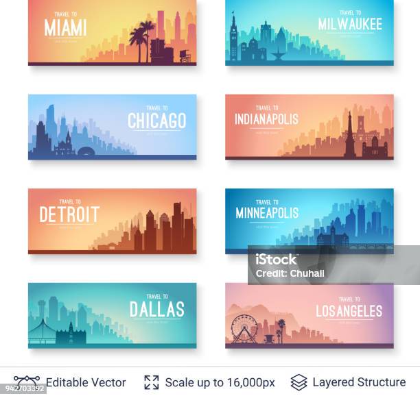 Collection Of Famous City Scapes Stock Illustration - Download Image Now - Urban Skyline, Miami, Chicago - Illinois
