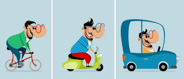 Vector illustration of Three men on different vehicles