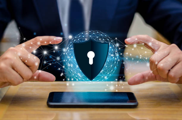 istock Earth polygon mesh planet World Businessmen shake hands to protect information in cyberspace. Businessman holding shield protect icon protection network security computer and safe your data concept 942706924