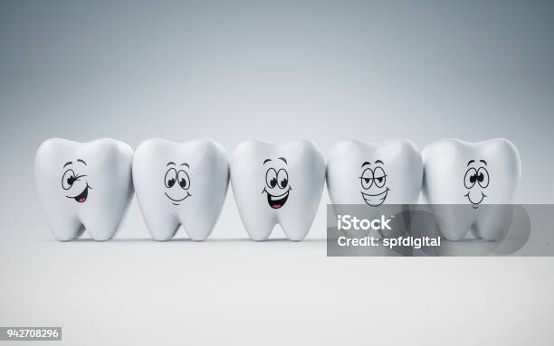 Teeth Smile And Happy Emotion Concept Dental Care Cleaning Bacterial Plaque On White Background 3d Render Stock Photo - Download Image Now