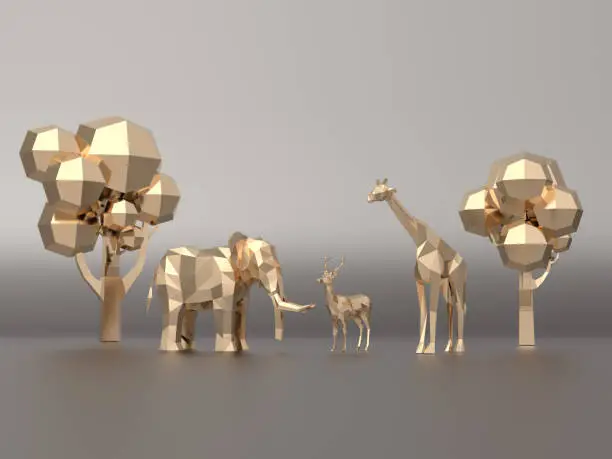 Photo of Golden 3d model low polygon  Elephants, deer, giraffe.3D rendering