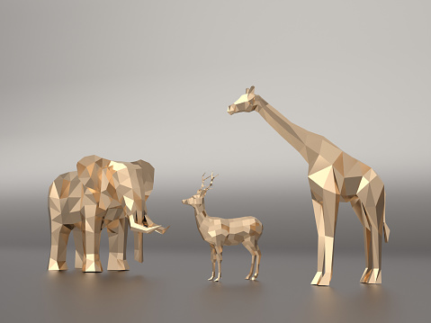 Golden 3d model low polygon  Elephants, deer, giraffe.3D rendering