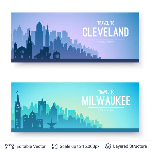 Cleveland and Milwaukee famous city scapes. Flat well known silhouettes. Vector illustration easy to edit for flyers or web banners. milwaukee wisconsin stock illustrations