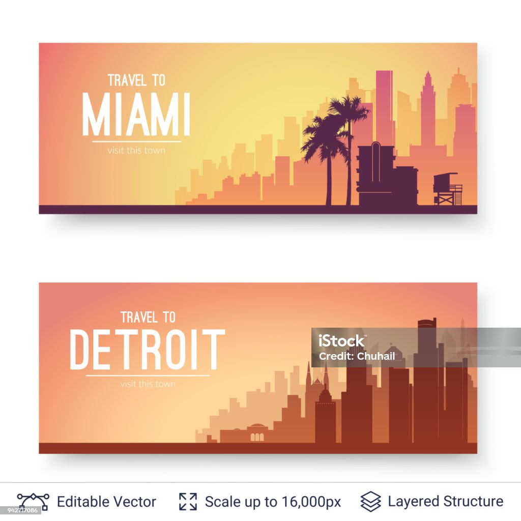 Miami and Detroit famous city scapes. Flat well known silhouettes. Vector illustration easy to edit for flyers or web banners. Detroit - Michigan stock vector