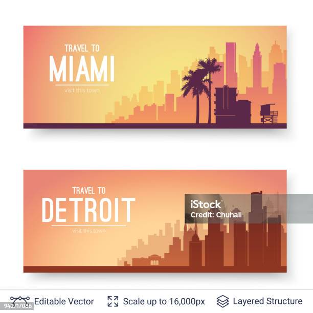 Miami And Detroit Famous City Scapes Stock Illustration - Download Image Now - Detroit - Michigan, Urban Skyline, City