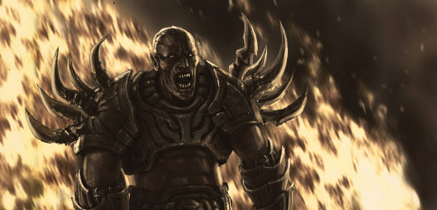 istock Ugly monster in armor against the backdrop of fire 942717254