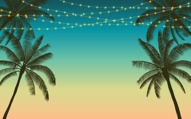 ilustraciones, imágenes clip art, dibujos animados e iconos de stock de palmera de silueta y colgante decorativo fiesta luces en diseño plano icono con fondo de color vintage - beach