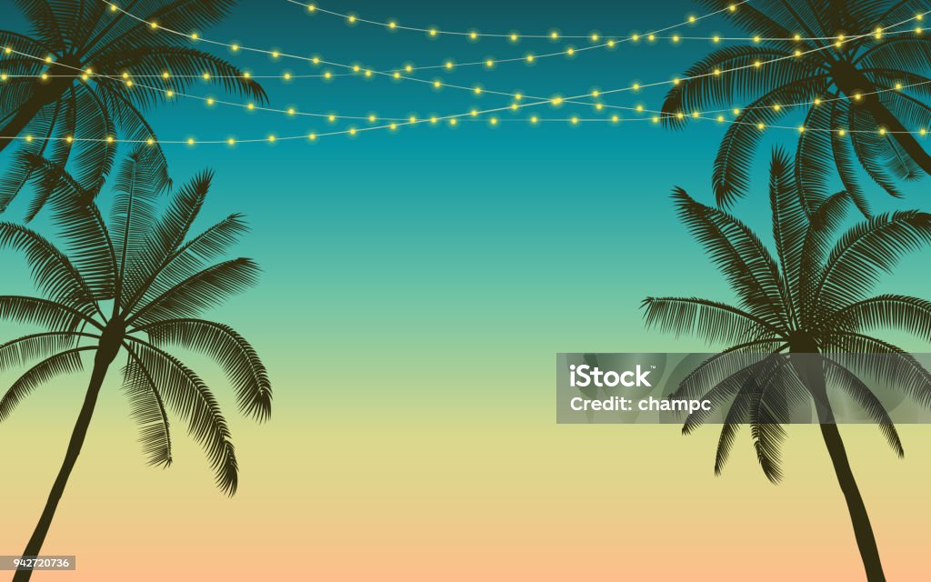 Silhouette palm tree and hanging decorative party lights in flat icon design with vintage color background Beach stock vector