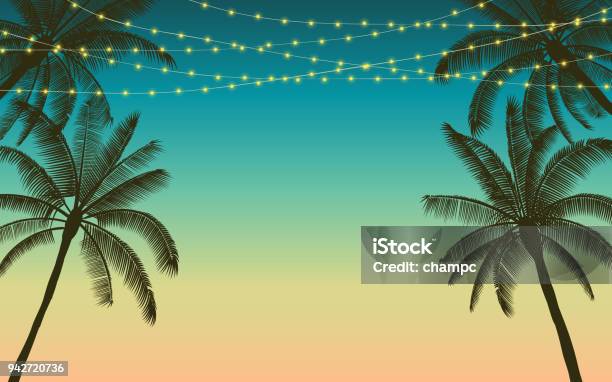 Silhouette Palm Tree And Hanging Decorative Party Lights In Flat Icon Design With Vintage Color Background Stock Illustration - Download Image Now