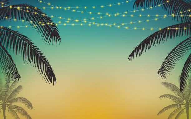 istock Silhouette palm tree and hanging decorative party lights in flat icon design with vintage color background 942721102